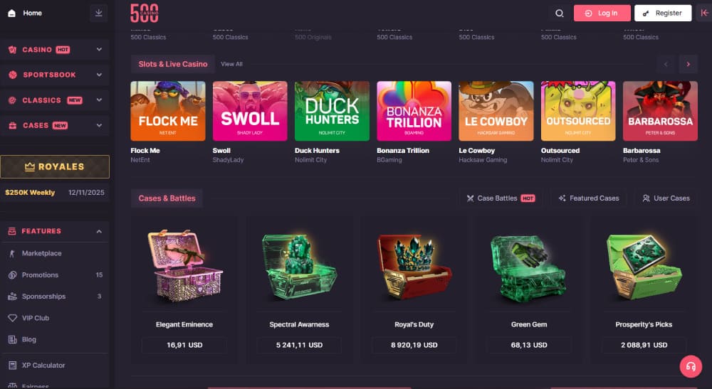 500 Casino live dealer and slot games
