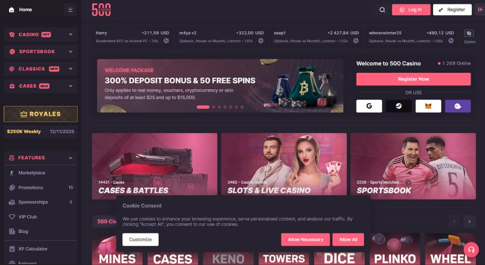 500 Casino homepage overview
