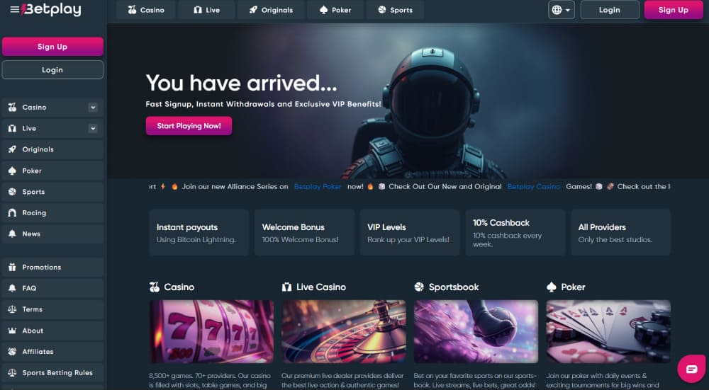 Betplay Crypto Casino main page interface