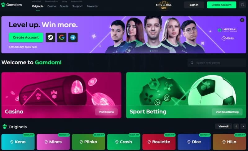 Gamdom Crypto Casino homepage with slots and sports betting