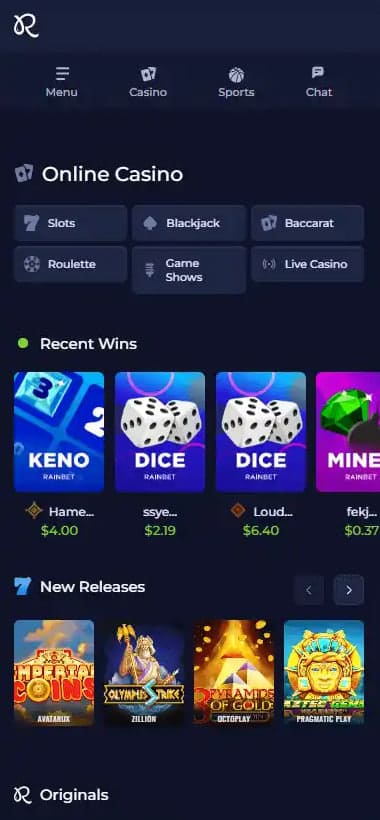 Rainbet mobile casino interface
