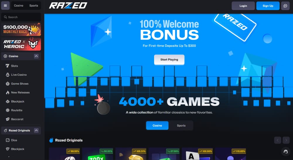 Razed Casino Homepage Overview
