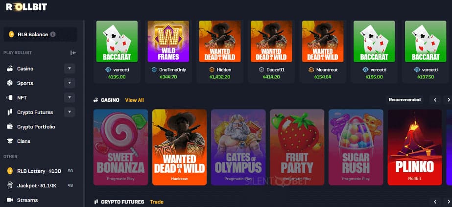 Rollbit online casino interface showing crypto deposits and bonuses
