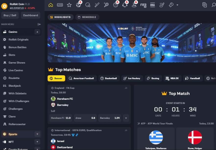 Rollbit crypto payment dashboard and supported coins
