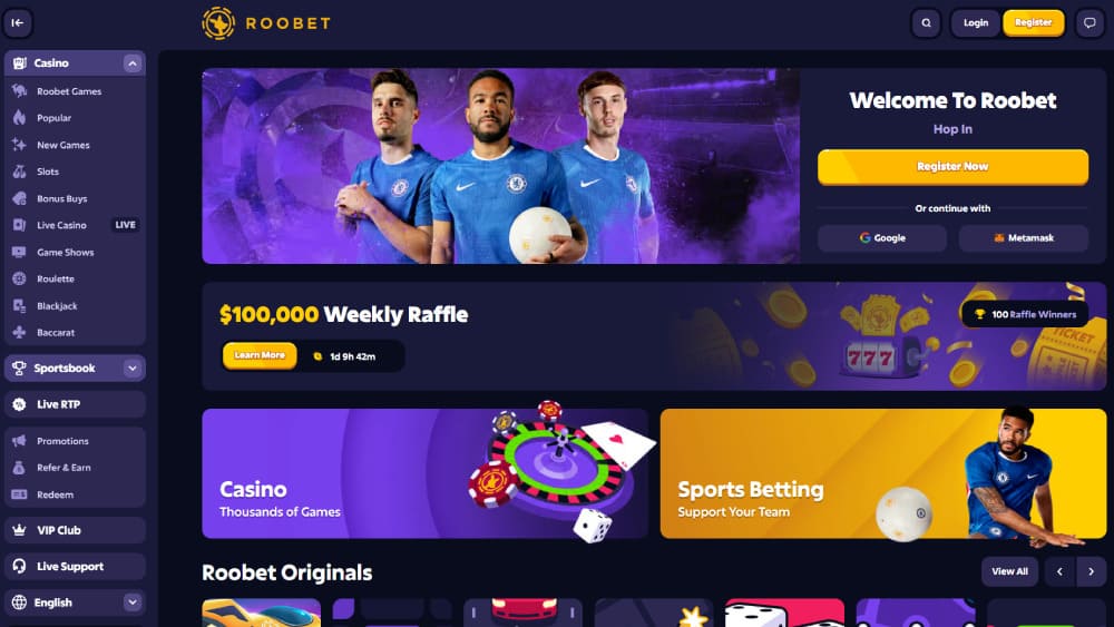 Roobet crypto casino homepage with slots and live games
