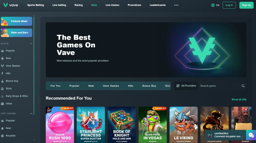 Vave casino crypto deposit screen with supported coins
