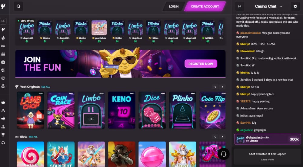 Yeet Crypto Casino Lobby Overview
