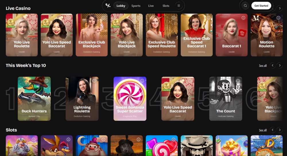 Yolo Casino sportsbook and live betting interface
